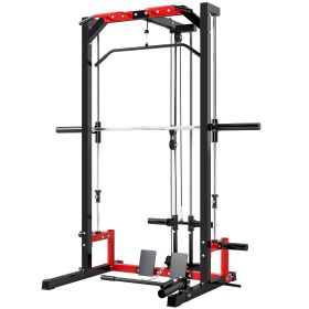 Smith Machine Power Rack with Pull Up Bar, Lat Pull Down System, Landmine, Squat Rack, Barbell Bar, for Home Gym (Option: Black, Red-2080x240x75 mm)